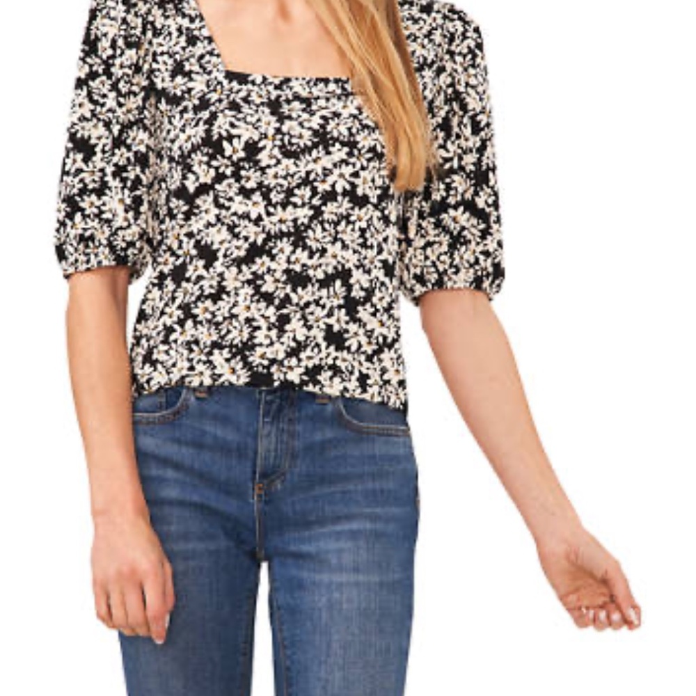 NWT CeCe puff sleeve square neck black and white floral blouse M